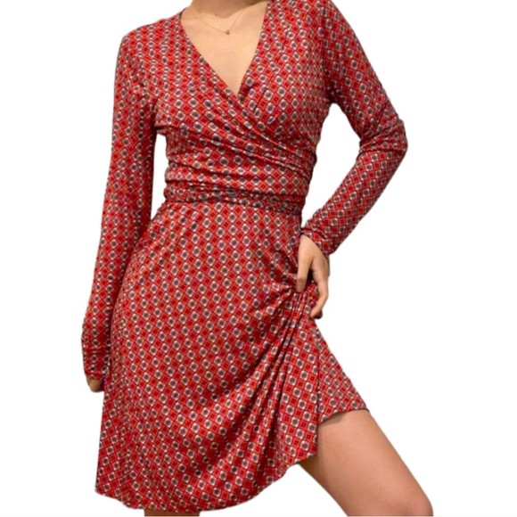 Banana Republic Wrap Dress Red Pattern Womens Small Stretch Work Dress - Picture 1 of 7